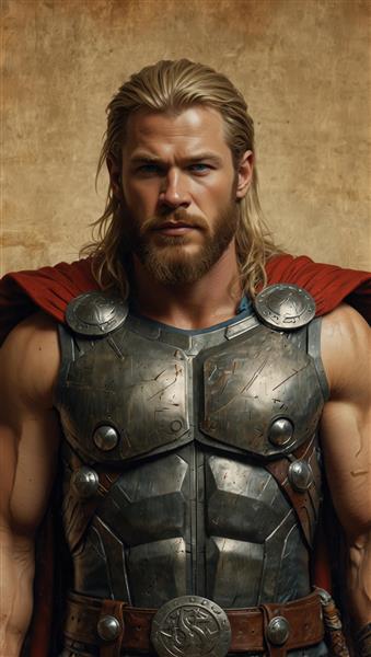 طرح چاپی نیم‌تنه ثور، تصویرسازی دقیق از زره فلزی و عضلات قوی با پس‌زمینه قهوه‌ای