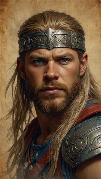 تصویر باکیفیت پرتره ثور با تاج فلزی، طرح کلوزآپ با چشم‌های آبی و ریش پرپشت