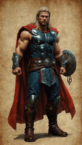 پوستر اورجینال ثور ایستاده با سپر، تصویر باکیفیت بالا با شنل در اهتزاز و زره سنگی