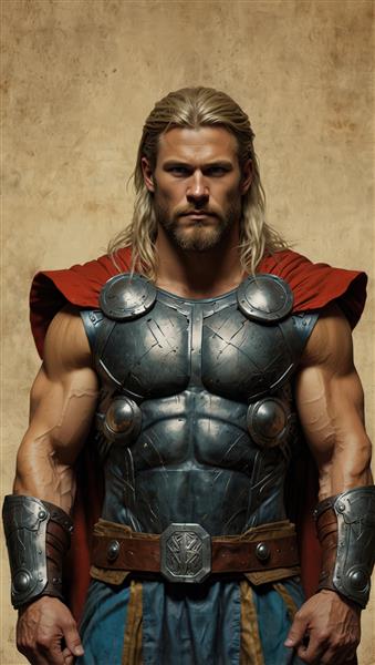 طرح چاپی ثور در زره کامل، تصویر نیم‌تنه باکیفیت بالا، مناسب برای چاپ عریض و بوم