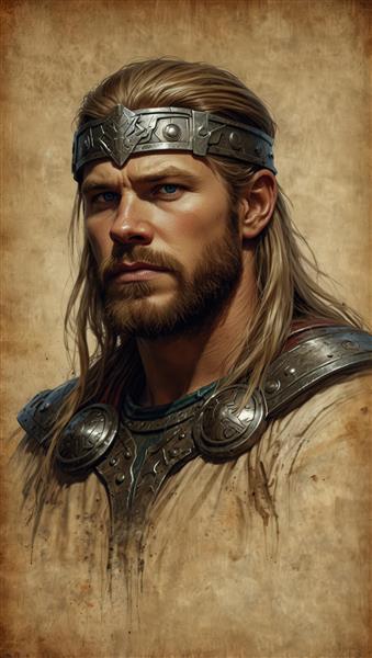 تابلوی دکوراتیو پرتره ثور با هدبند فلزی، تصویرسازی رئالیستی با نگاه نافذ و پس‌زمینه کهنه