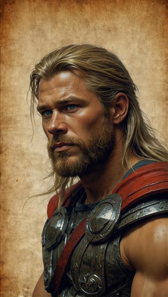 پوستر پرتره ثور با موهای بلند و ریش، تصویرسازی باکیفیت و ژست نیم‌رخ جدی