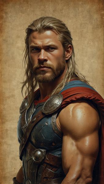 تصویر باکیفیت ثور با ژست سه‌رخ، پرتره عضلانی با شنل قرمز و پس‌زمینه بافت‌دار قدیمی