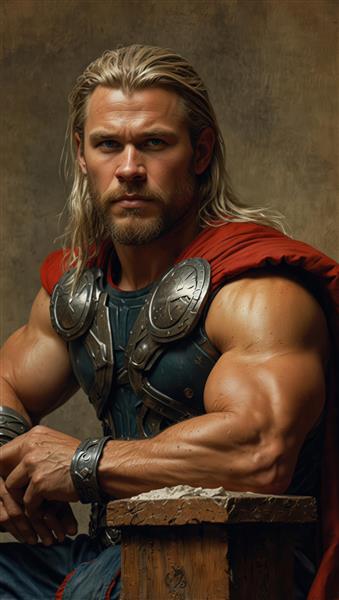 تابلو ثور با ژست نشسته و ریش بلند، تصویرسازی نیم‌تنه با جزئیات زره و لباس وینتیج