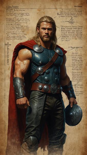 پوستر دکوراتیو ثور با سپر و زره، تصویرسازی با جزئیات بالا و پس‌زمینه دست‌نوشته‌های قدیمی