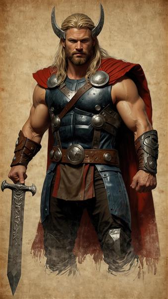 طرح چاپی ثور با شمشیر و کلاه‌خود شاخدار، تصویرسازی باکیفیت با پس‌زمینه قدیمی