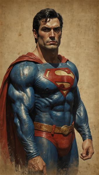 تابلوی دکوراتیو پرتره سوپرمن، تصویر باکیفیت بالا با جزئیات عضلانی و پس‌زمینه قدیمی