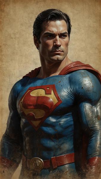 پوستر سوپرمن با نگاه به افق، تصویرسازی پرتره عضلانی با لباس کهنه و کثیف