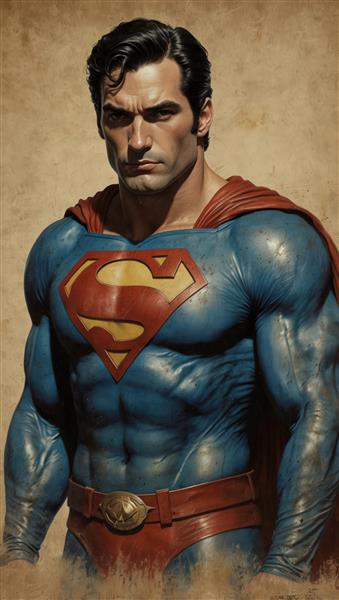 طرح چاپی پرتره سوپرمن با پس‌زمینه بافت‌دار، تصویرسازی عضلانی با جزئیات بالا و حالت ایستاده