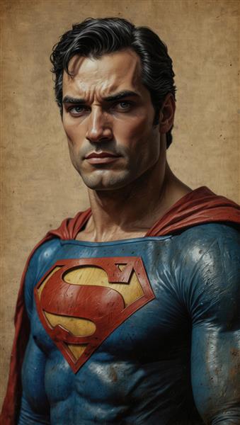 تصویر اورجینال چهره سوپرمن برای چاپ، نیم‌تنه با جزئیات بالای عضلات و شنل قرمز