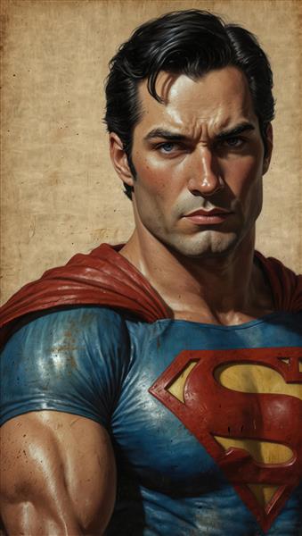 پوستر کلوزآپ سوپرمن با نگاه نافذ، تصویرسازی هنری و رئالیستی با استایل رنگ روغن قدیمی