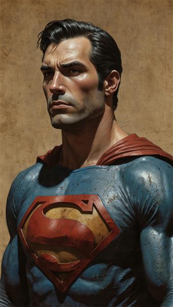 طرح چاپی نیم‌رخ سوپرمن، تصویر باکیفیت بالا برای دکوراسیون با جزئیات چهره و لباس کهنه