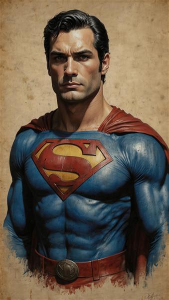 پوستر پرتره سوپرمن با لباس کلاسیک، تصویرسازی دیجیتال با پس‌زمینه کاغذی و قدیمی