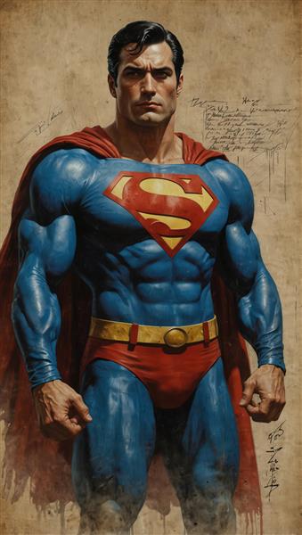 تابلو سوپرمن در لباس کلاسیک، تصویرسازی فوق‌العاده باکیفیت، ایده‌آل برای چاپ بوم و دکوراسیون