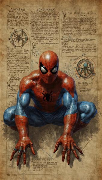 پوستر مرد عنکبوتی در حالت چمباتمه (نشست)، تصویرسازی باکفیت برای چاپ با پس‌زمینه متن و نمادها