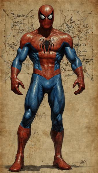 تصویر حرفه‌ای مرد عنکبوتی ایستاده، طراحی عضلانی با پس‌زمینه اسناد مهندسی و دست‌نوشته‌ها