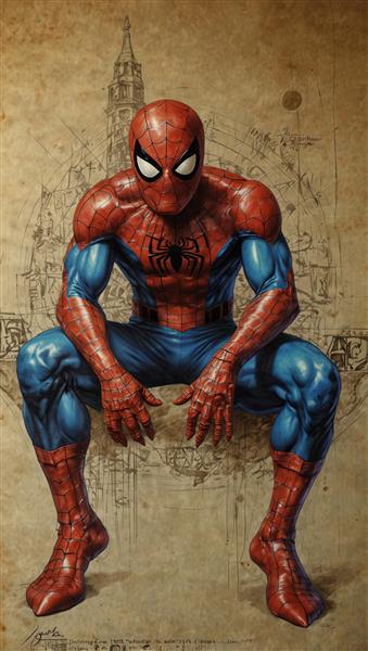 طرح چاپی مرد عنکبوتی با ژست نشسته و ژرف، تصویرسازی با تم طراحی‌های لئوناردو داوینچی