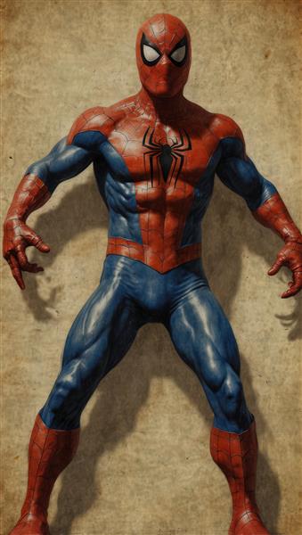 تابلوی دکوراتیو مرد عنکبوتی با کیفیت بسیار بالا، فیگور کامل روی بک‌گراند کاغذی و قدیمی