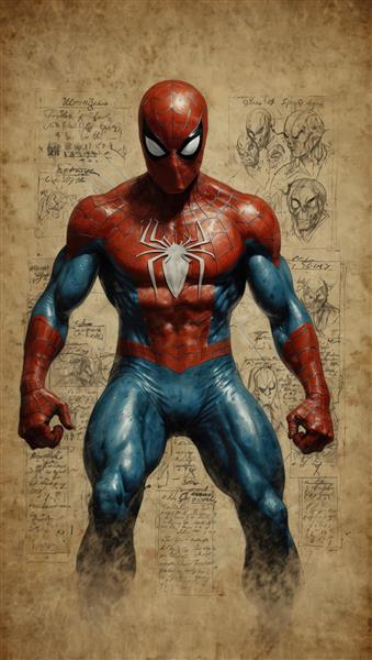 پوستر اورجینال مرد عنکبوتی با لباس کلاسیک، تصویرسازی دیجیتال با پس‌زمینه طراحی‌های قدیمی