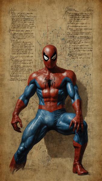 تصویر اسپایدرمن در ژست آمادگی بر روی پس‌زمینه بافت‌دار و نوشتار قدیمی، طرح دکور
