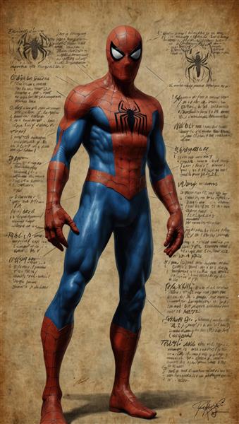 تصویر کامل اسپایدرمن با متون و نقاشی‌های حاشیه‌ای الهام گرفته از لئوناردو داوینچی