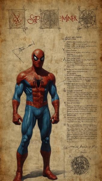 تصویر تمام قد اسپایدرمن همراه با یادداشت‌ها و دیاگرام‌های علمی، طرح وینتیج خاص