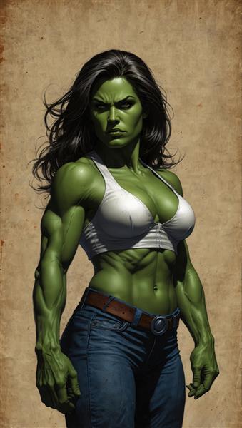 تصویر تمام قد شی هالک با شلوار جین و ژست جسورانه، مناسب چاپ‌های مدرن