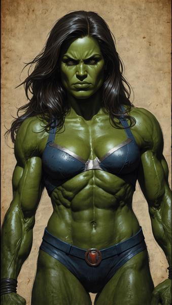 نمای نیم‌تنه و قدرتمند شی هالک با لباس ورزشی آبی، کیفیت بالا برای تولید پوستر