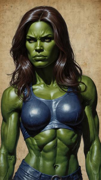 پرتره بسیار نزدیک از شی هالک با نگاه نافذ و موهای قهوه‌ای، تمرکز بر جزئیات چهره