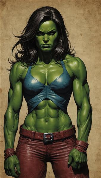 تصویر تمام قد شی هالک با لباس آبی و شلوار چرمی قرمز، مناسب چاپ‌های مدرن و عریض