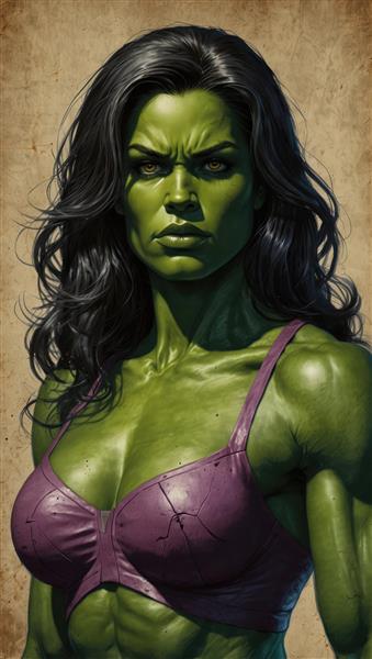 پرتره نیم‌تنه شی هالک با لباس بنفش و تمرکز بر چهره و عضلات قوی، طرحی باکیفیت