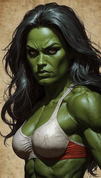 پرتره نزدیک و خشمگین شی هالک با موهای مشکی و لباس ورزشی، مناسب چاپ روی بوم