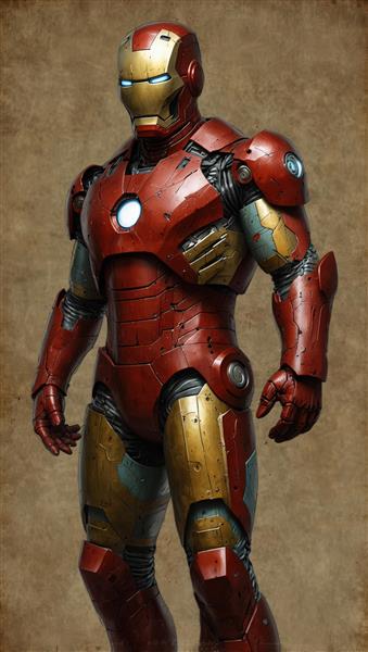 عکس تمام قد آیرون من با زره جنگی و جلوه سایه‌روشن دراماتیک، کیفیت عالی برای تابلو