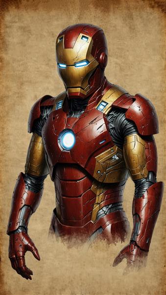 پرتره زره آیرون من (مرد آهنی) با تمرکز بر جزئیات فنی و خطوط طراحی، طرح دکور