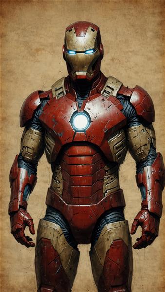 نمای نیم‌تنه آیرون من با زره کلاسیک و نور مرکزی آرک، مناسب چاپ با جزئیات بالا