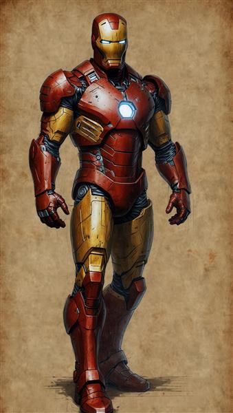 تصویر تمام قد آیرون من با زره دقیق و کیفیت استثنایی، ایده‌آل برای چاپ عریض دکوراتیو