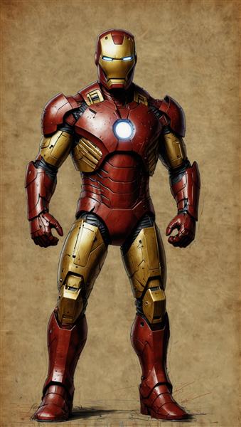 تصویر تمام قد و باکیفیت آیرون من با زره کلاسیک زرشکی و طلایی، سبک هنری قوی
