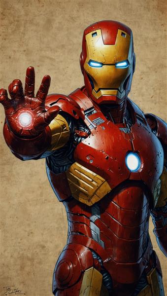 نمای نزدیک و جذاب آیرون من در حال نمایش پرتاب انرژی از کف دست، پوستر سه‌بعدی