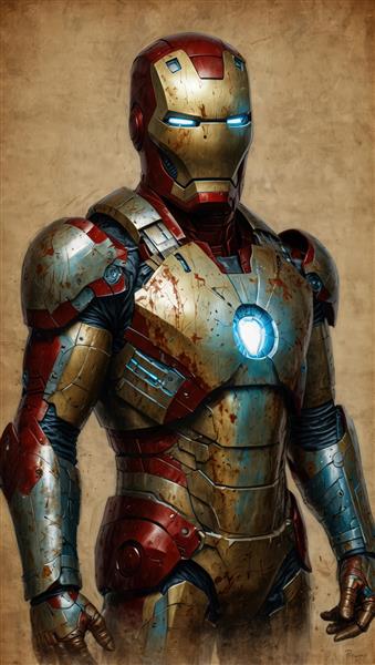 پرتره زره آیرون من با جلوه زنگ‌زدگی و فرسودگی جنگی، طرحی قوی برای تابلو مدرن