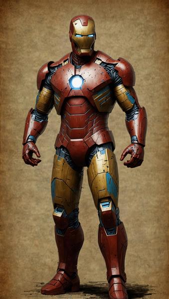 تصویر ایستاده آیرون من با هایلایت‌های آبی بر روی زره طلایی و قرمز، مناسب پوستر