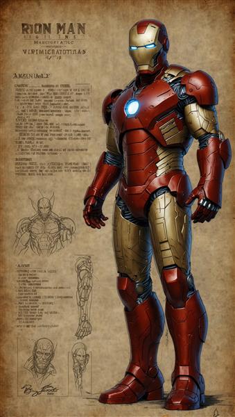 طرح کامل آیرون من با حاشیه‌های طراحی مهندسی (بلورپرینت) و یادداشت، طرح منحصر به فرد