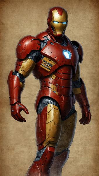 نمای نیم‌تنه آیرون من با زره دقیق و نور چشم‌های آبی، طرح باکیفیت چاپ عریض