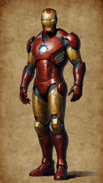 طراحی ایستاده و سه‌بعدی آیرون من با جزئیات کامل زره، مناسب دکوراسیون دیواری
