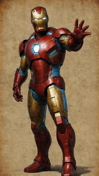 تصویر تمام قد آیرون من در حال پرتاب انرژی با پس‌زمینه وینتیج، کیفیت عالی برای تابلو