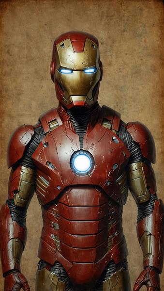 پرتره بسیار باکیفیت آیرون من (مرد آهنی) با نورپردازی آرک راکتور، مناسب چاپ پوستر