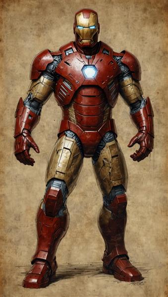 تصویر ایستاده و تمام قد آیرون من (مرد آهنی) با لباس زرشکی و طلایی، سبک هنری