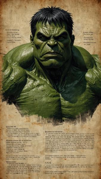 پرتره هالک باکیفیت فوق‌العاده با متون طراحی اولیه بر روی پس‌زمینه قدیمی، طرح دکور