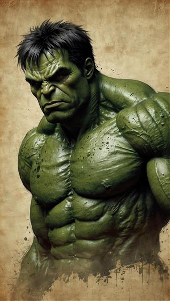 طراحی هنری و قدرتمند هالک با زاویه نگاه خشن بر روی کاغذ قدیمی، محصول دکوراتیو