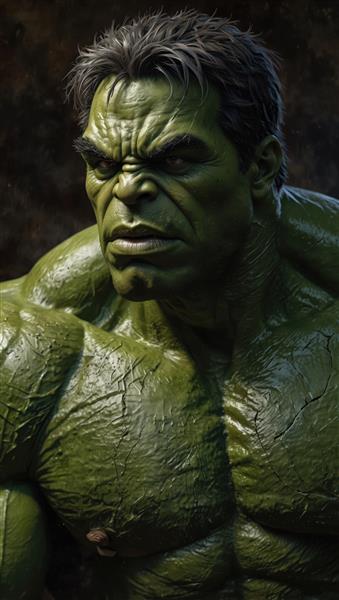 پرتره هالک دراماتیک با جزئیات پوست ترک‌خورده و پس‌زمینه تاریک، مناسب چاپ عریض