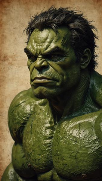 نمای نزدیک و فوق‌العاده باکیفیت از چهره هالک، غول سبز خشمگین با جزئیات بالا